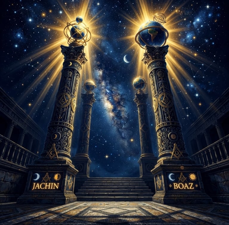 Low-angle mystical digital illustration of twin masonic pillars, Jachin and Boaz, rising into a deep navy celestial starfield, illuminated by high-contrast golden rays.