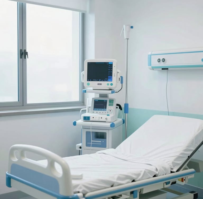 A bright, clean clinical trial facility inpatient room with modern beds, monitoring equipment, cool blue and medical teal accents, professional 35mm photography