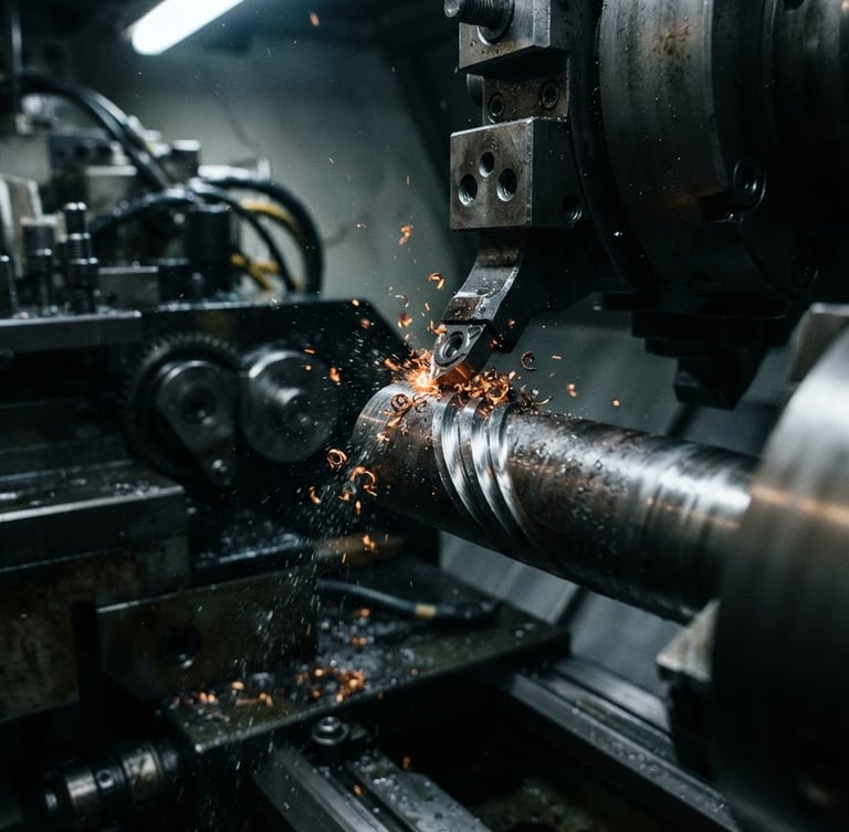 Macro close-up of a CNC lathe carving raw steel stock, high-contrast industrial workshop lighting, cool metallic tones, sharp tool paths, 35mm