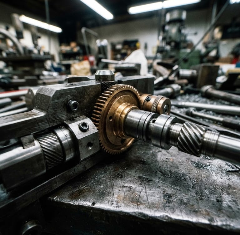 Macro close-up of custom machined steel and brass components on a dark metal workbench, high-contrast industrial workshop lighting, cool metallic tones, sharp tool paths visible, 35mm photography