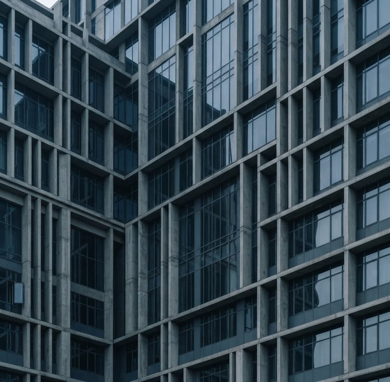 Abstract architectural geometry of a modern concrete and glass building facade in Bengaluru, cool-toned slate gray shadows, diffused morning light, sharp lines.