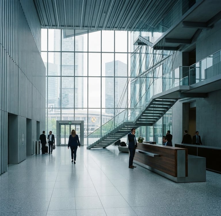 Cool-toned corporate office lobby in Frankfurt, sharp architectural geometry, diffused daylight, professional 35mm photography.