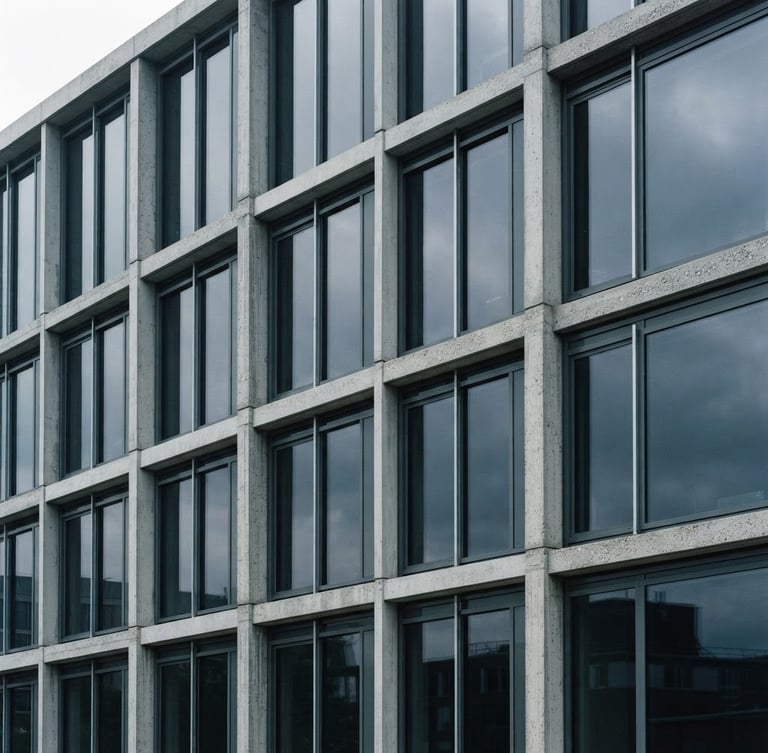 Sharp architectural crop of modern concrete and steel building facade, cool diffused office light, clean geometric lines, professional 35mm.