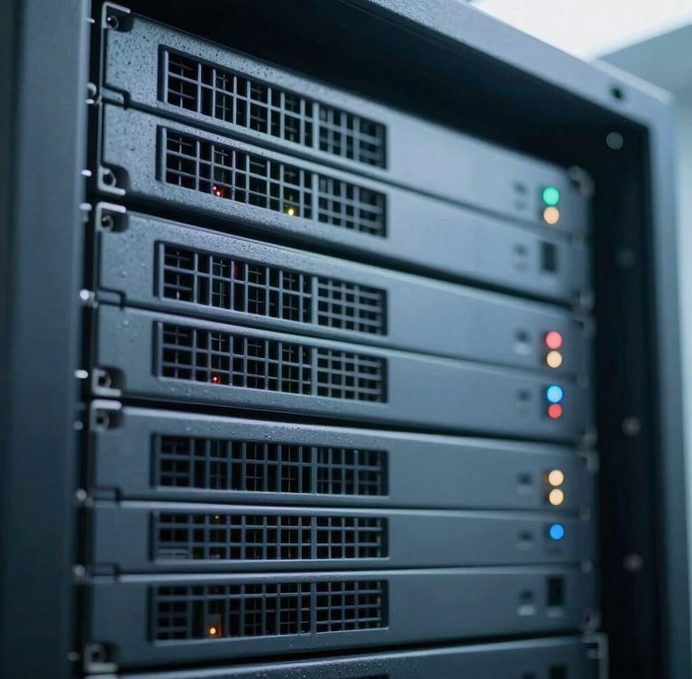 Close-up macro photography of enterprise server rack indicator lights, cool-toned blue and slate gray palette, sharp focus on technical hardware, professional 35mm.