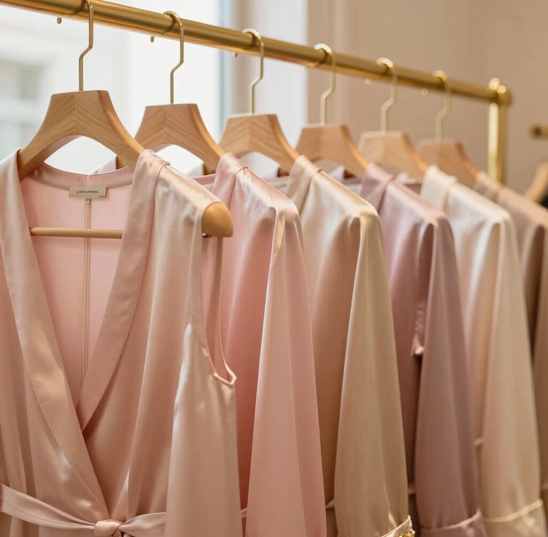 Close-up of elegant Italian silk garments hanging on fine golden clothing racks, warm window light, soft focus, boutique interior