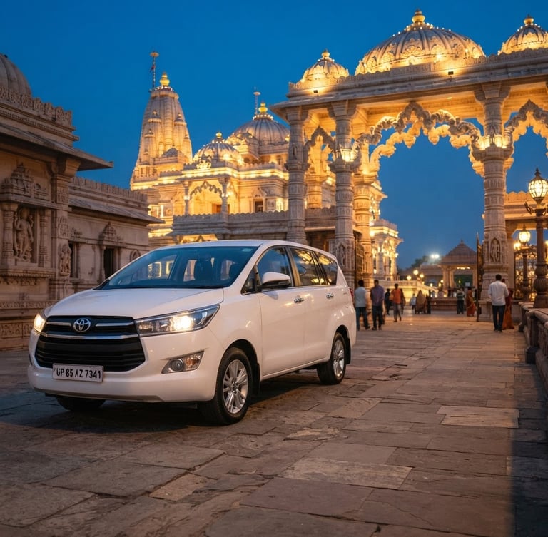 A vertical portrait of a pristine white Toyota Innova Crysta parked near the elegant arches of Prem Mandir in Vrindavan during golden hour twilight, soft warm lighting, professional travel photography