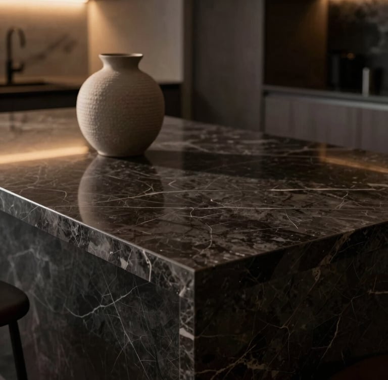 Close-up detail shot of premium dark marble kitchen countertop with a single textured ceramic vase, soft warm side lighting, shadows casting an elegant editorial mood.