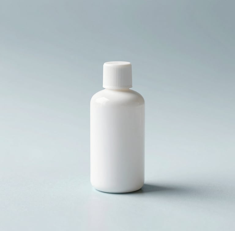 Minimalist white product packaging on a clean slate surface, soft diffused daylight, elegant shadows, clinical laboratory aesthetic