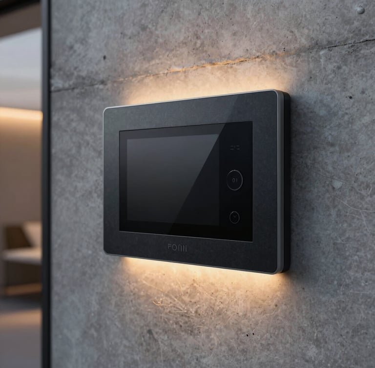 Sleek modern smart home control panel flush-mounted on a raw concrete wall, warm interior lighting, architectural detail, sharp focus, 35mm