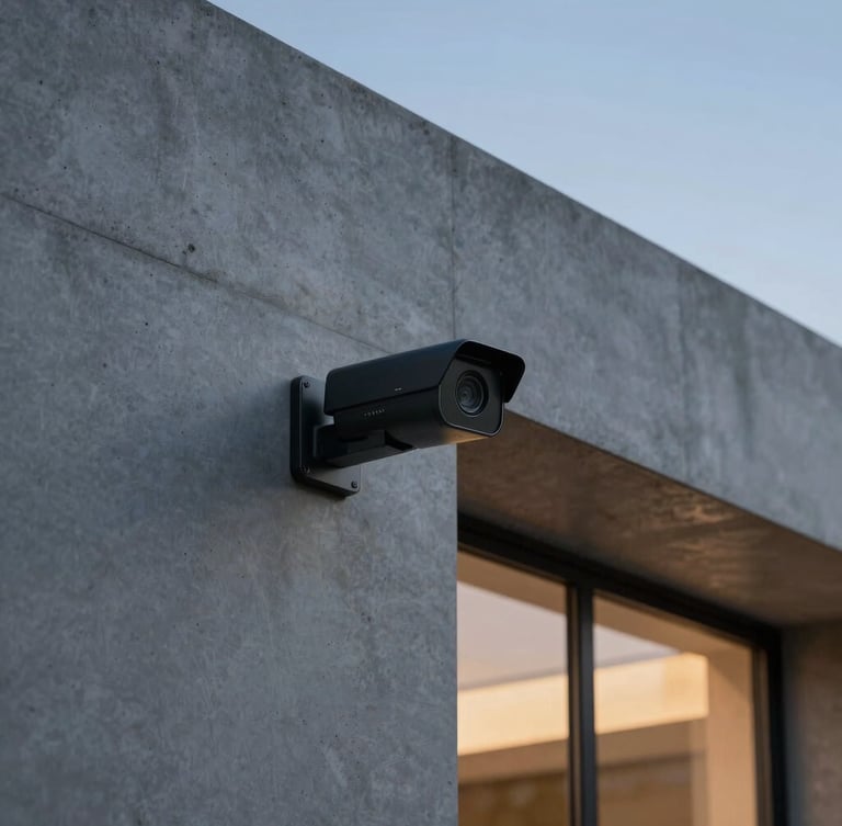 Sleek architectural integration of a minimalist black AI security camera on a modern concrete villa facade at twilight, sharp focus, dramatic lighting, 35mm