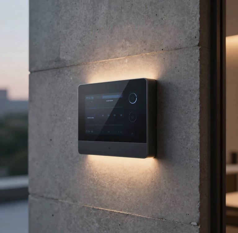 Close-up of a sleek minimalist smart home control panel flush-mounted on a raw concrete wall, warm ambient lighting, modern high-end architectural detail, 35mm