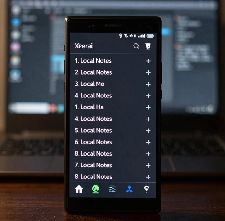 Orthographic straight-on shot of the Local Notes app interface running on a modern Sony Xperia device frame, showing crisp monospaced typography, dim developer workspace background, cool-toned backlighting.