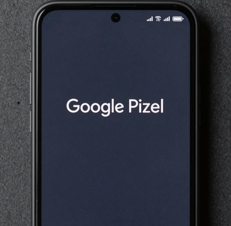 Orthographic straight-on screenshot of a minimalist text-based Android launcher UI inside a dark matte grey Google Pixel frame, showing clean monospaced typography on a deep slate background, cool focused studio lighting.