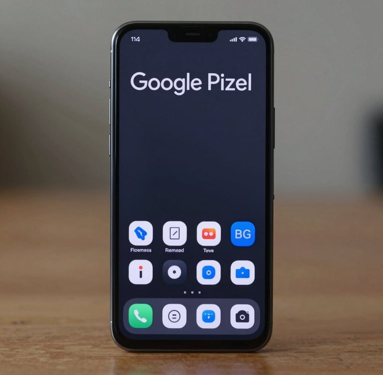 Orthographic straight-on shot of a modern Google Pixel phone displaying an ultra-minimalist text-based launcher interface, deep slate screen, electric-blue accent toggles, crisp typography