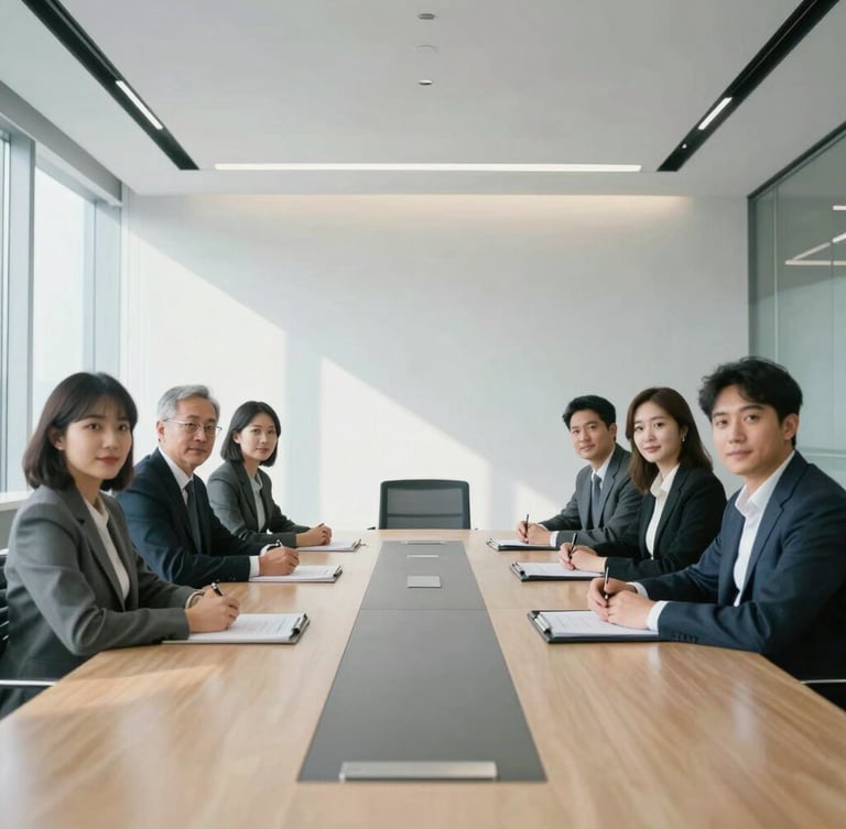 Crisp editorial portrait orientation photo of an international corporate boardroom with clean structural lines, bright daylight, professional atmosphere, cool tones.