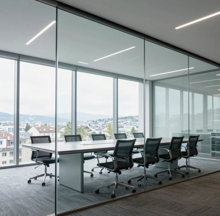 Wide environmental shot of a modern glass boardroom in Zurich, bright natural daylight, cool corporate tones, 35mm lens.