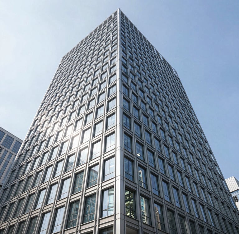Wide-angle architectural lens capture of a modern steel and glass skyscraper corner reflecting bright natural daylight, crisp corporate tones, 35mm.