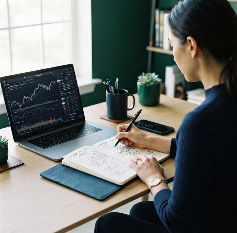Minimalist editorial photography of a person planning finances at a clean desk, a notebook open with charts, and a laptop screen displaying market data, bright natural daylight, deep navy and emerald tones, clean composition, 35mm lens, over-the-shoulder shot, soft shadows.
