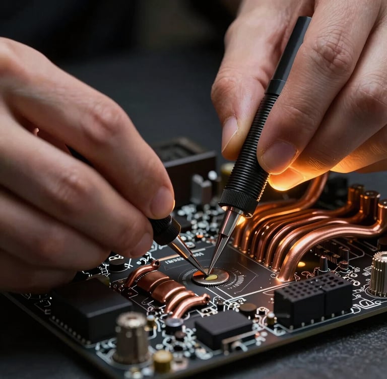 Extreme close-up of hands using precision tools on a high-end motherboard, moody low-key studio lighting with sharp amber rim lights highlighting copper heat pipes.
