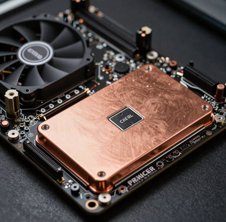 Primer plano macro de placa madre de notebook con disipadores de cobre pulido y ventiladores limpios, iluminación de taller con destellos ámbar.