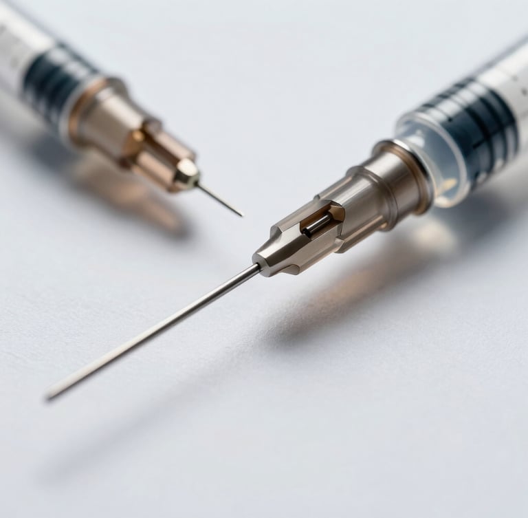 Extreme close-up macro shot of a sterile medical syringe needle bevel, cool-toned clinical white light, shadowless studio illumination emphasizing surgical precision and steel edge.