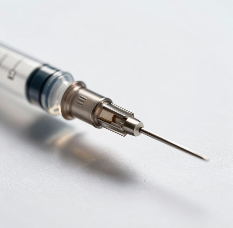 Extreme close-up of a sterile disposable syringe needle bevel under clinical white light, focus on the sharp stainless steel point, shadowless studio lighting.