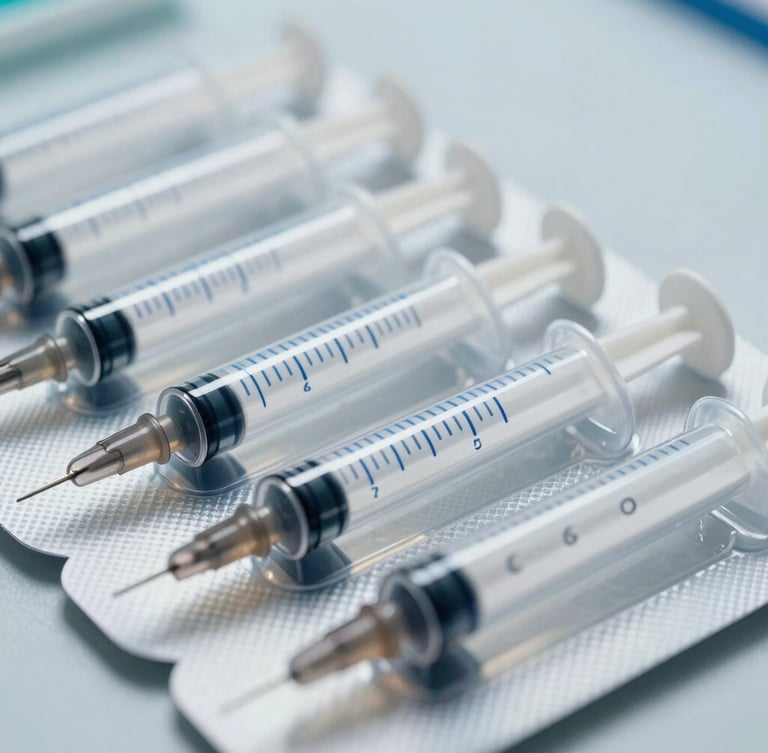 Close-up of sterile safety syringes packed in medical-grade blister film, sharp blue graduations visible, clinical white lighting