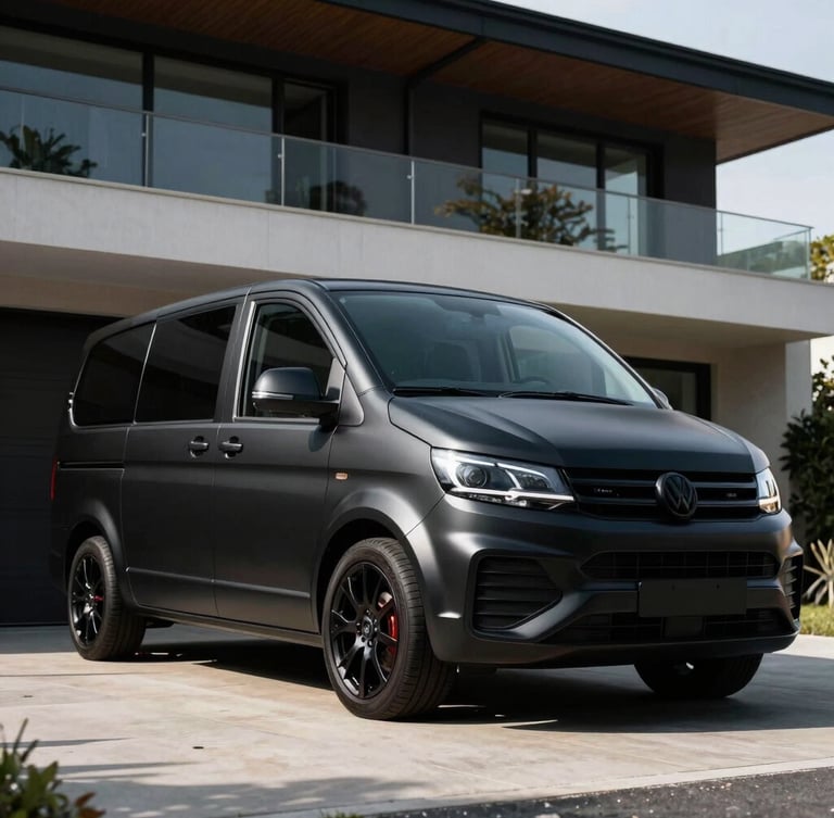 Sleek matte black mobile detailing van parked in the driveway of a modern architectural home, low-angle wide shot, high-contrast directional sunlight, dramatic shadows