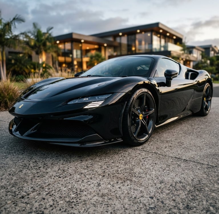 Low-angle dynamic shot of a pristine black sports car parked on a modern concrete driveway, sharp directional sunlight casting deep shadows, mirror-like paint reflections, 35mm lens.