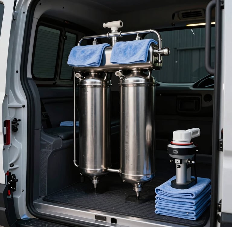 Interior view of a clean, organized mobile detailing van showing stainless steel water filtration tanks, high-gsm microfiber towels, and professional polishing machines, dramatic side lighting.