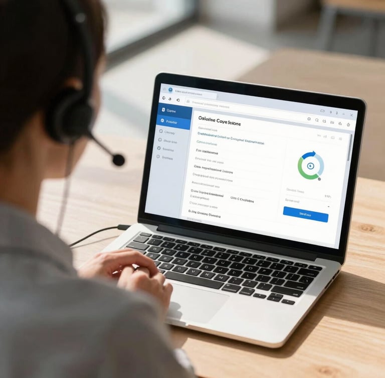 Over-the-shoulder shot of an admissions advisor naturally engaged on a headset, looking at a clean CRM interface on a laptop screen under bright, natural daylight with soft shadows.