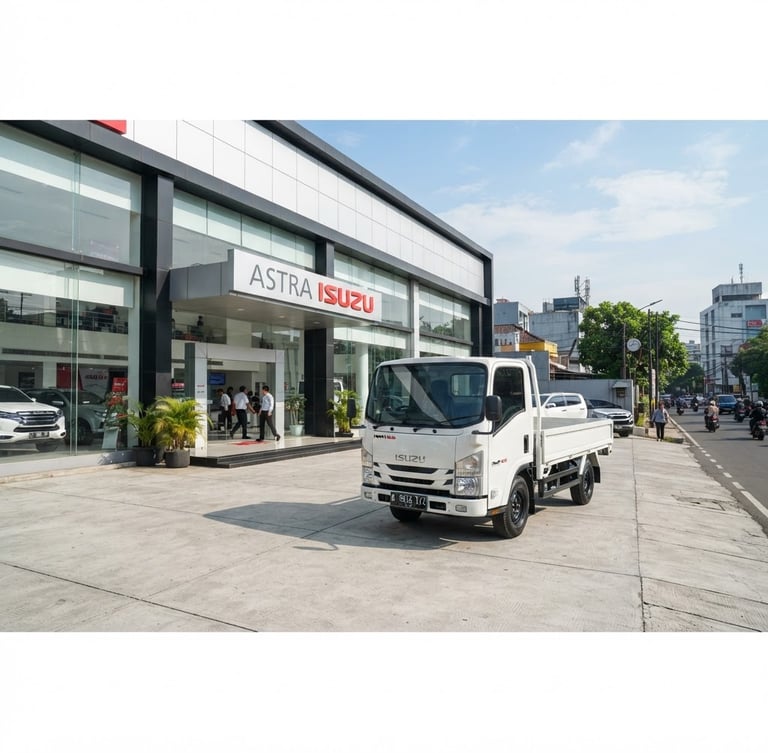 Wide environmental shot of a clean white Isuzu Elf truck parked outside a modern Astra Isuzu dealership in Jakarta, bright morning daylight, professional automotive photography style, sharp focus, 35mm lens