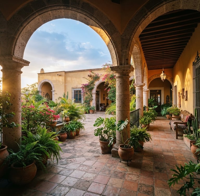 Amplio patio interior de una casa colonial oaxaqueña, con arcos de cantera, plantas verdes en macetas de barro, y luz cálida de atardecer proyectando sombras largas. Estilo arquitectónico tradicional.