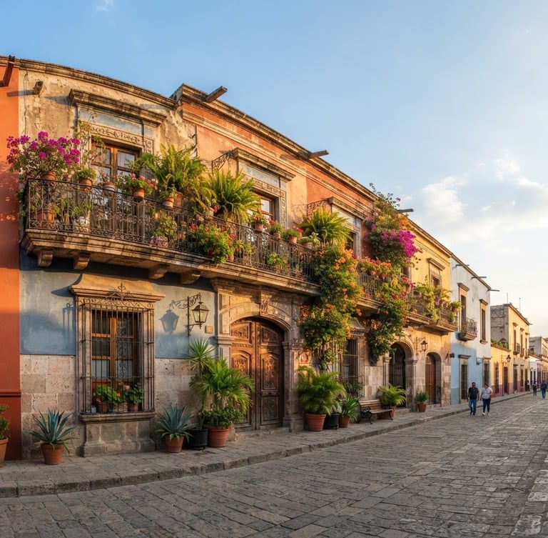 Wide panoramic view of a traditional Oaxacan colonial house facade with intricate ironwork balconies and vibrant potted plants, bathed in warm afternoon sunlight, professional architectural photography, bright natural daylight, clean lines, warm Mexican sun, high-end real estate, 35mm