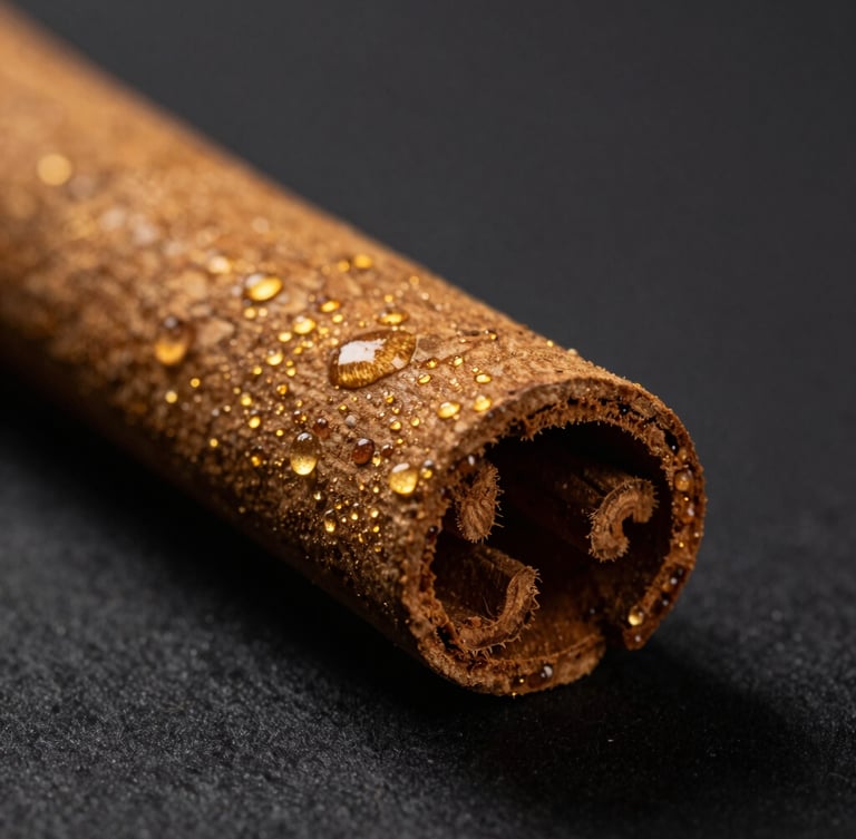 Extreme macro close-up of whole Ceylon cinnamon quills, dramatic low-key side lighting, deep charcoal background, highlighting natural oils and rich textures.