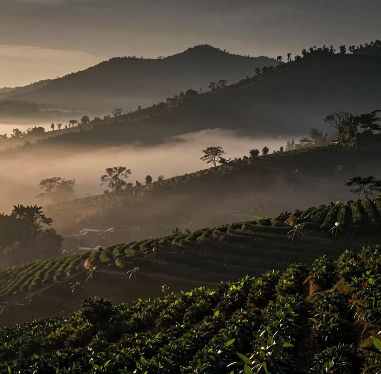 Wide panoramic atmospheric landscape of a Sri Lankan spice estate shrouded in morning mist, dramatic mountain ridges, low-key lighting with deep shadows, cinematic composition