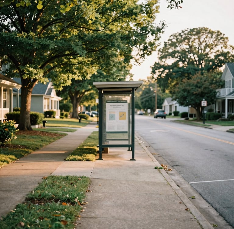 A quiet neighborhood street in Morrow Georgia, warm soft daylight filtering through green trees, a welcoming transit stop visible in the distance