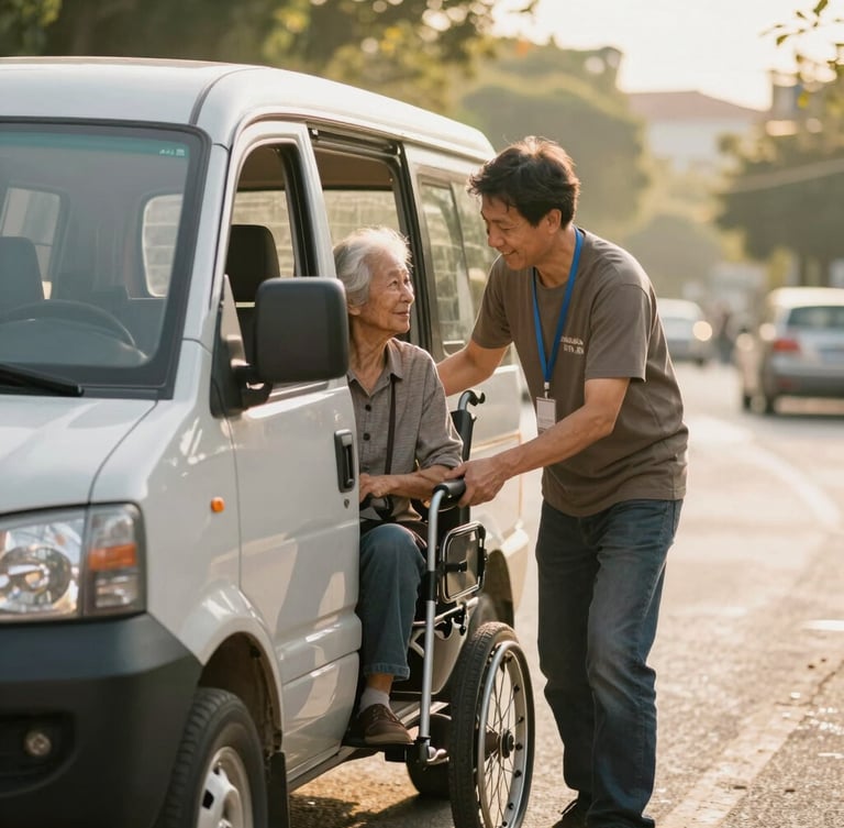 Warm editorial photography of a friendly volunteer driver helping an elderly passenger board an accessible vehicle on a sunny Morrow street, soft natural golden-hour light, shallow depth of field, 35mm