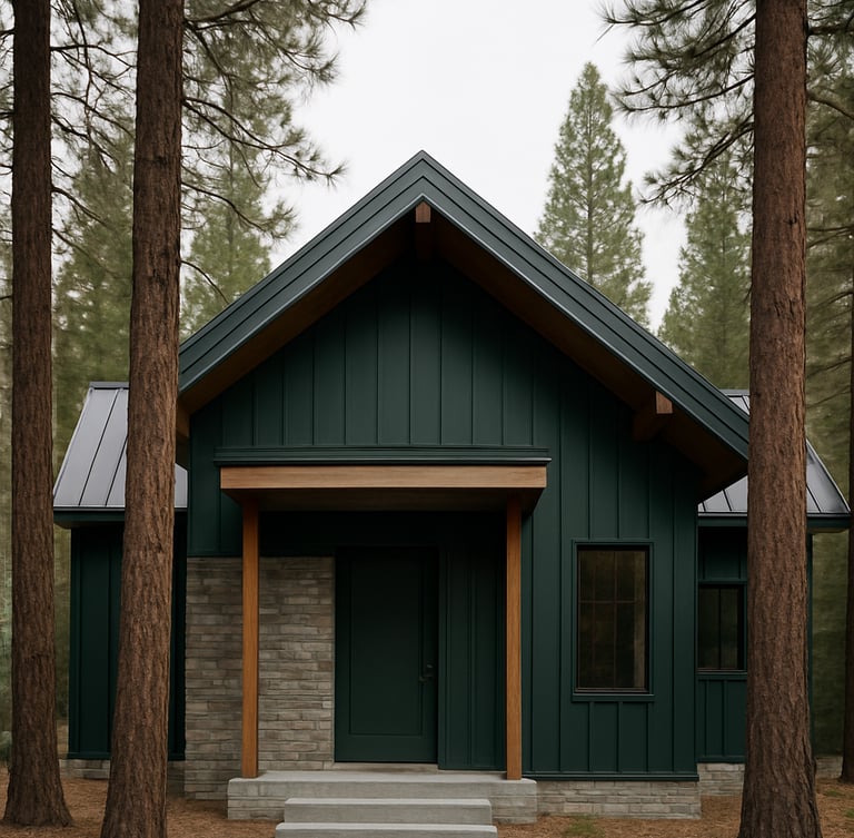 Crisp portrait architectural photograph of a modern mountain-modern home exterior, tall pine trees framing the structure, soft overcast daylight, deep forest green accents, 35mm