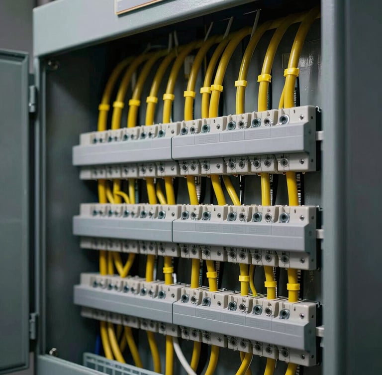 Immaculate, highly organized electrical panel with perfect cable management, yellow zip ties, industrial technical look, architectural lighting, sharp focus, 35mm