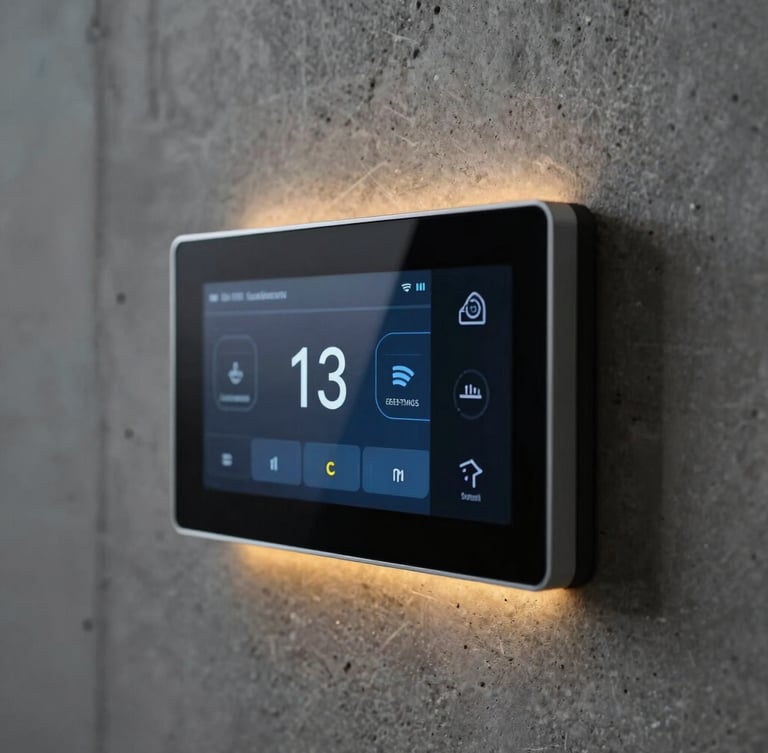 Close-up of a sleek smart home touch interface mounted on a raw concrete wall, soft ambient architectural lighting, sharp focus, 35mm
