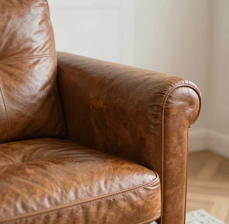 Close-up of a pre-loved leather armchair in a cozy apartment corner, natural warm light, clean composition