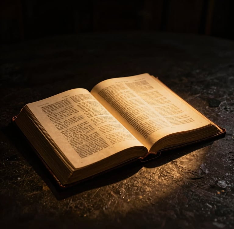 Dramatic chiaroscuro photography of an open ancient leather-bound Bible illuminated by a single warm golden spotlight, dark shadows, cinematic, 50mm lens