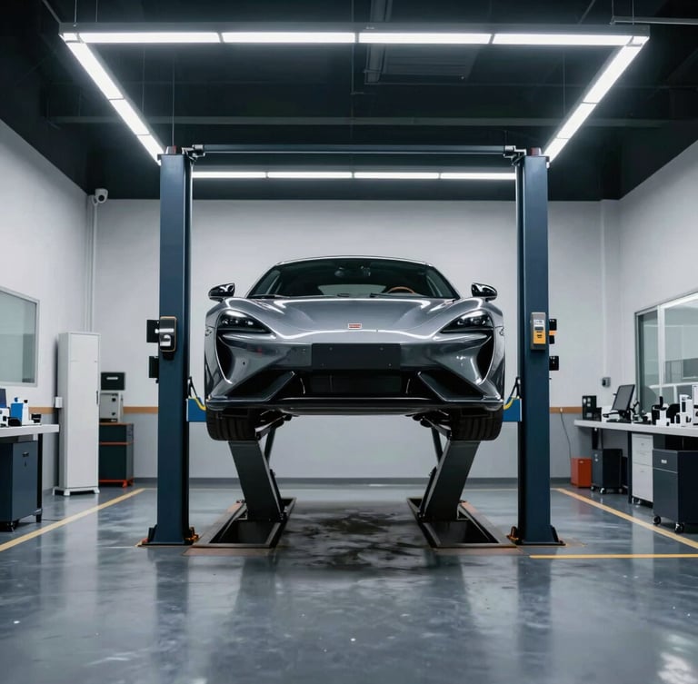 Symmetrical shot of a spotless, clinical automotive workshop bay with bright cool LED overhead lighting, glossy dark floors, and a modern European sports car on a hydraulic lift, crisp commercial photography, 50mm