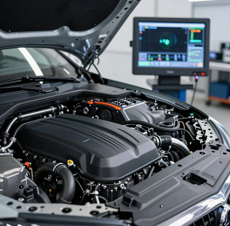 Crisp commercial photography of a pristine modern European engine bay, bright cool LED workshop lighting, high-resolution diagnostic telemetry screen in background, metallic and deep charcoal tones, 50mm