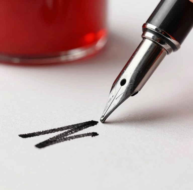 Macro shot of a metal dip pen drawing a bold black ink line on thick textured paper, high contrast, vibrant red ink bottle in soft focus background.