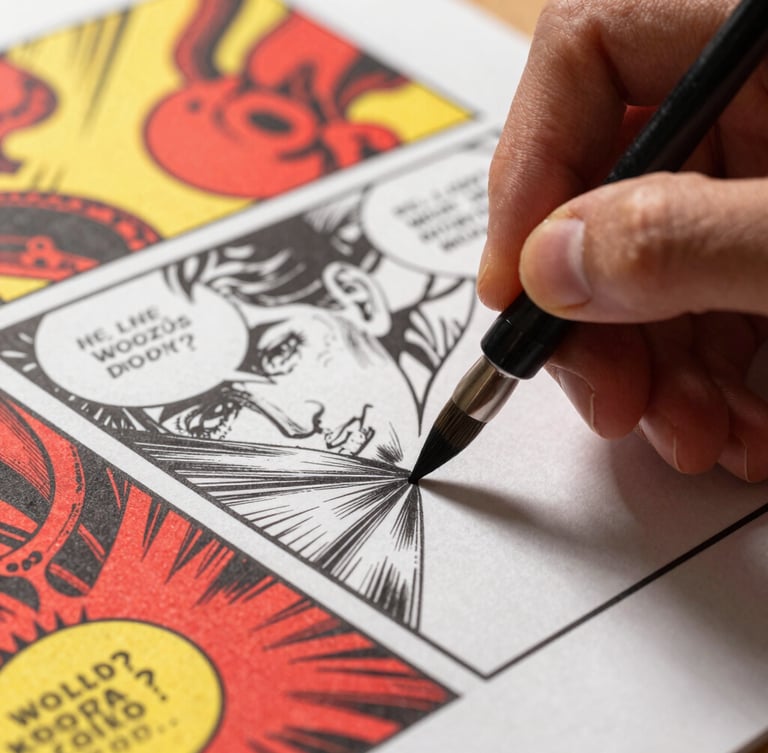 Macro shot of hands inking a detailed comic book panel with a fine brush, heavy-weight paper texture, high-contrast studio lighting casting sharp ink-black shadows, vibrant red and yellow accents on the workspace.