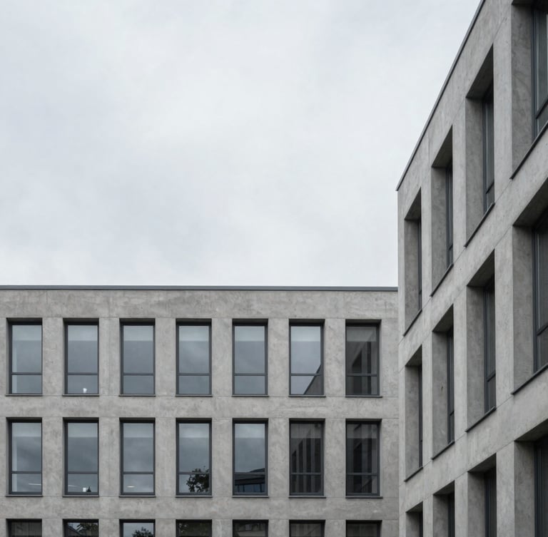 Minimalist modern office building in Northern Germany with clean concrete lines, overcast grey sky, desaturated tones, architectural crop.