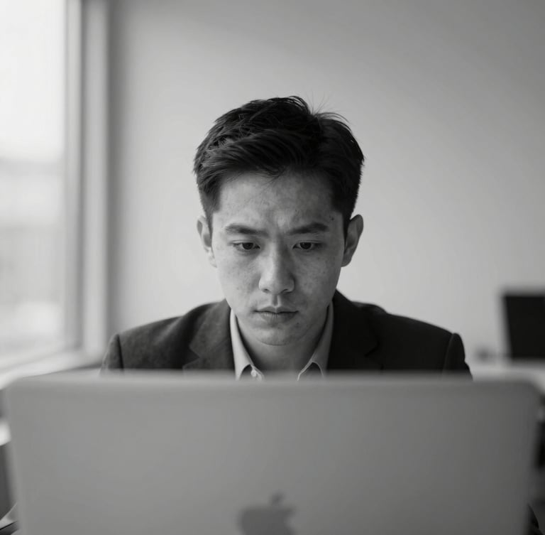 Close-up portrait of a focused professional in a minimalist grey workspace, sharp natural light, high-contrast monochrome style.