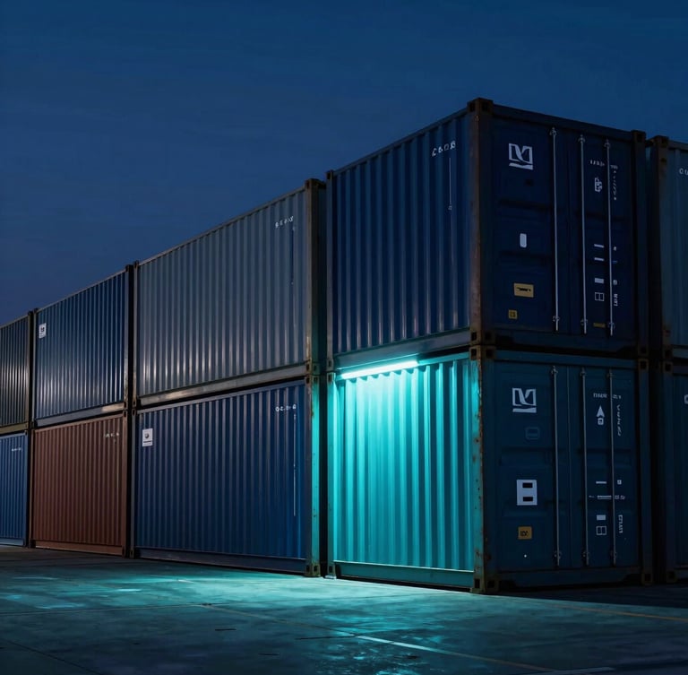 Sleek high-contrast shot of a modern logistics terminal and shipping dock, cool ambient light with glowing cyan highlights, sharp focus.